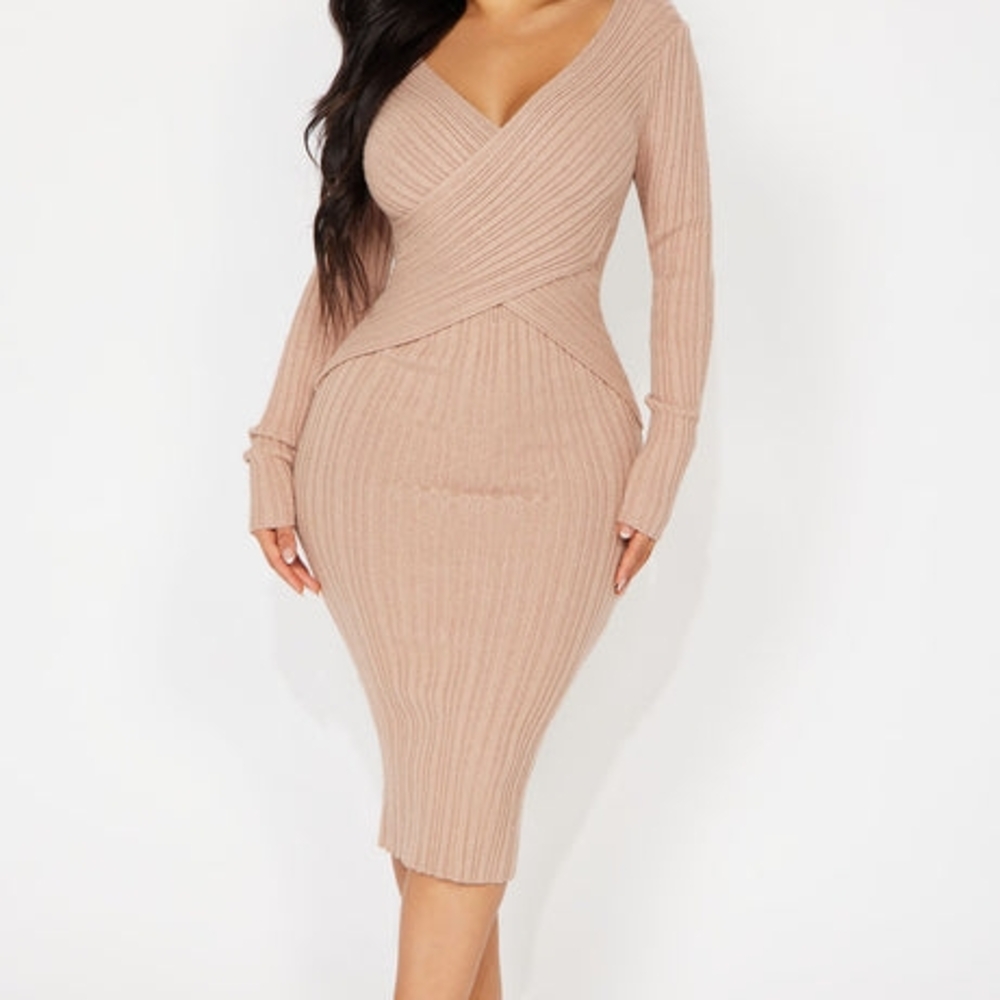Fashion Nova Tan Long Sleeve Sweater Dress